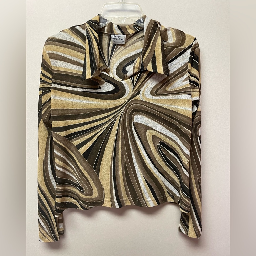 Women’s Large Vintage Distressed Abstract Silk Print Long Sleeve Top